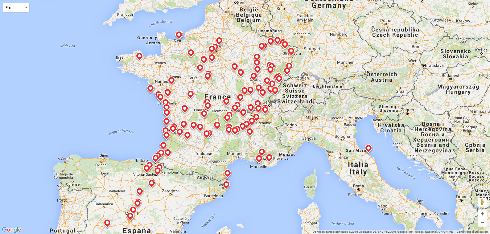 Carte d'Europe : chaque puce regroupe un  ensemble d'images prises dans le coin