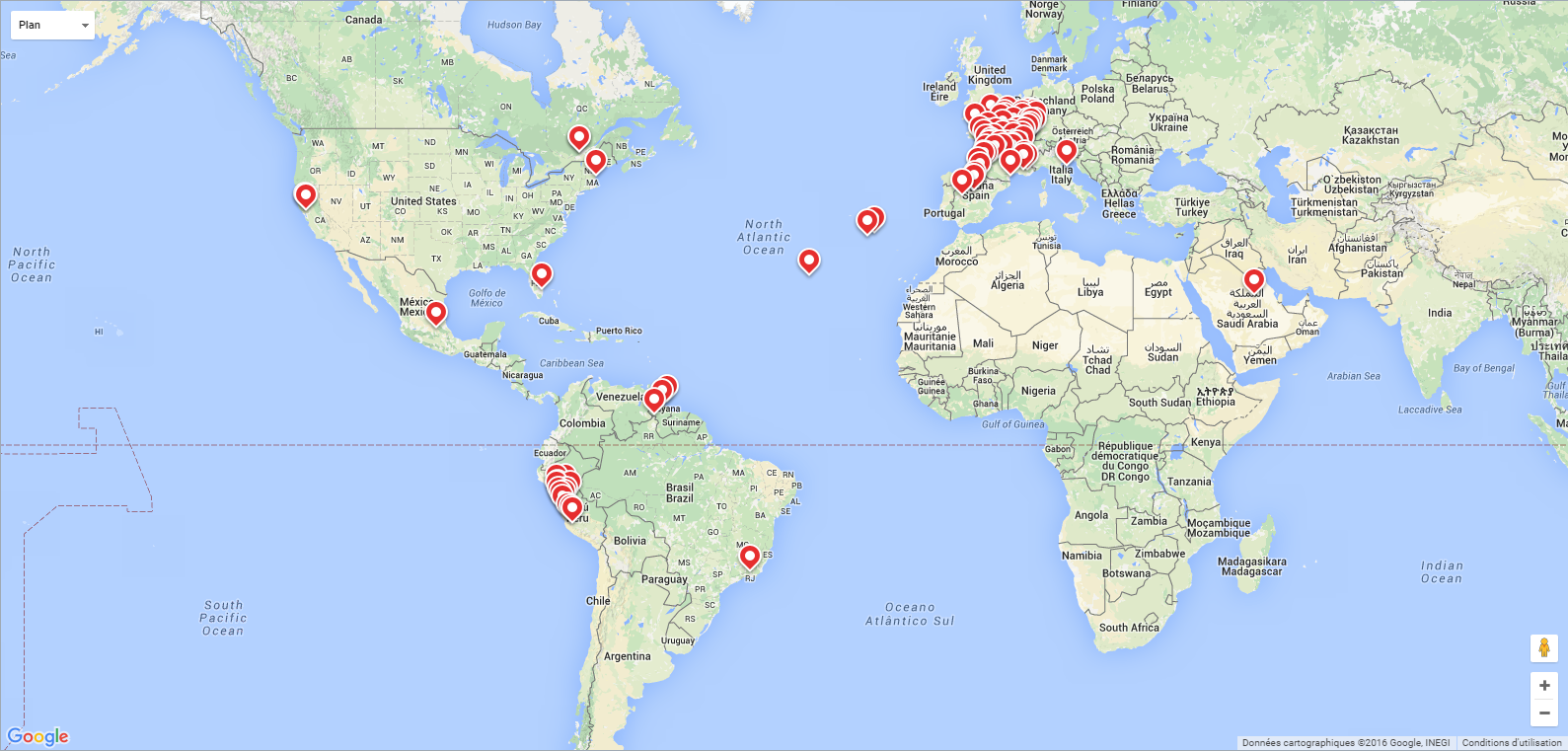 Carte du Monde : chaque puce regroupe un  ensemble d'images prises dans le coin